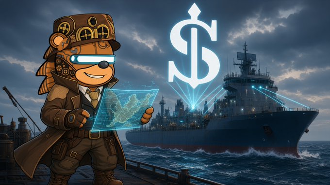 A steampunk-style mascot with glowing blue goggles holds a holographic map in front of a large naval vessel, with a glowing dollar sign hovering above the ship. The image illustrates the post's theme of @EthraShip's maritime operations and Sea Verity verification system, blending traditional shipping expertise with AI-driven, community-supported oversight.