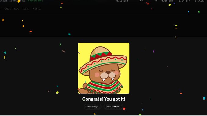 A digital celebration screen displaying 'Congrats! You got it!' with a cute cartoon dog wearing a sombrero and poncho, surrounded by confetti.