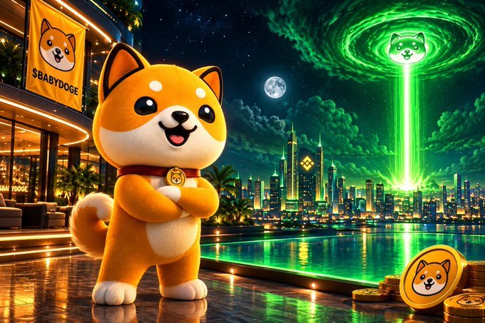 AI-generated artwork featuring a cute BabyDoge (Shiba Inu) mascot standing by a pool at night with a futuristic city skyline and a green UFO beam in the background.