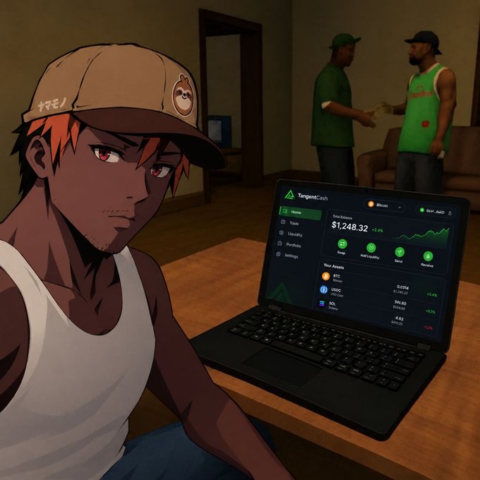 An anime-style illustration of an orange-haired man in a 'サ卜大' cap sitting at a table with a laptop showing 'TangentCash' with a balance of $1,248.32 and various crypto assets like KFC, USDC, and SOL.