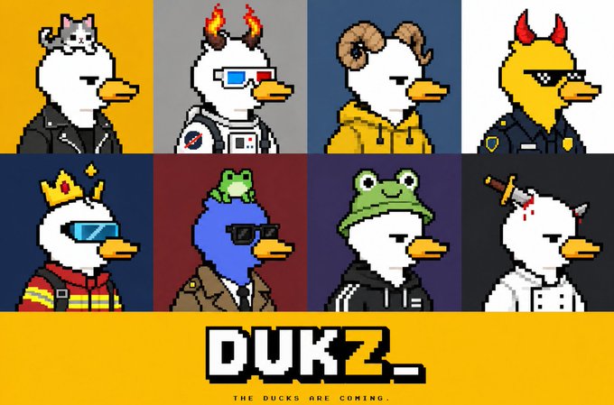 A pixel art NFT-style collection banner featuring eight duck characters with various accessories (horns, crowns, sunglasses, frog hats) with the text 'DUKZ_ THE DUCKS ARE COMING...'