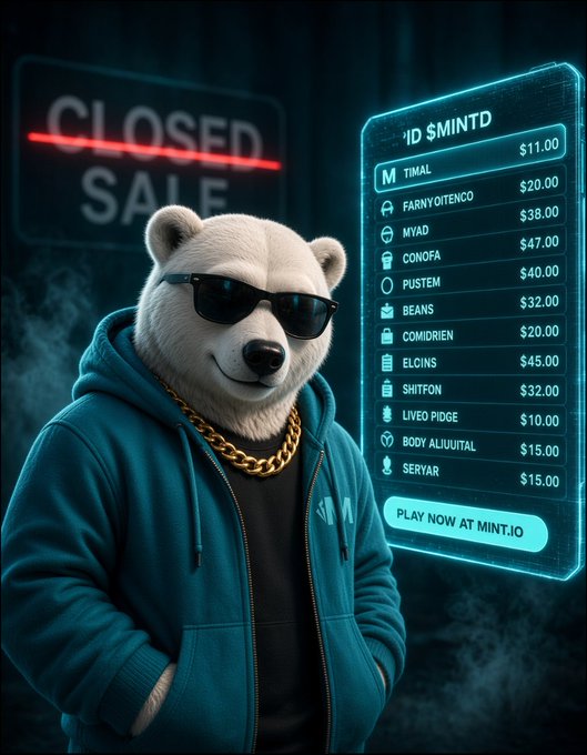 A digital illustration of a bear wearing sunglasses and a gold chain in front of a 'CLOSED SALE' sign and a menu of various items with prices.