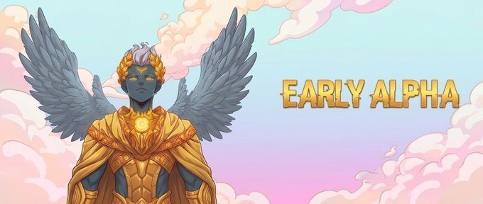 A winged, golden-armored angelic figure stands against a pastel sky, beside the text "EARLY ALPHA," visually reinforcing the post's teaser about the Kageuri NFT project and Crypto Czar's early backing.