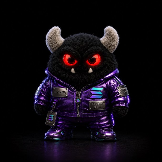 A fierce black plush toy with glowing red eyes and small fangs wears a metallic purple hooded jacket featuring "SOLANA," "PLUSH BULL," and "PLUSH ONLYFANS" patches, with a Solana-branded dog tag dangling from its collar—matching the post's hype for the $PLUSH meme coin launching on Pump.fun.