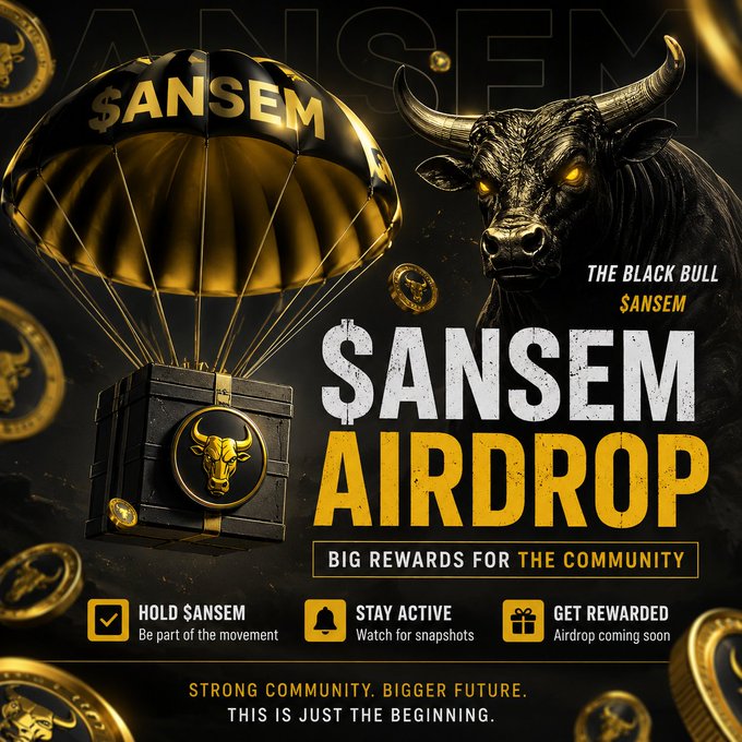 A promotional graphic for the '$ANSEM AIRDROP' featuring 'The Black Bull SANSEM' with a parachute carrying a treasure chest, offering big rewards for the community with calls to hold $ANSEM, stay active, and get rewarded.