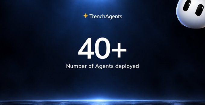A promotional graphic for 'TrenchAgents' featuring a dark blue background with the text '40+ Number of Agents deployed' and a smiling white character peeking in from the top right.
