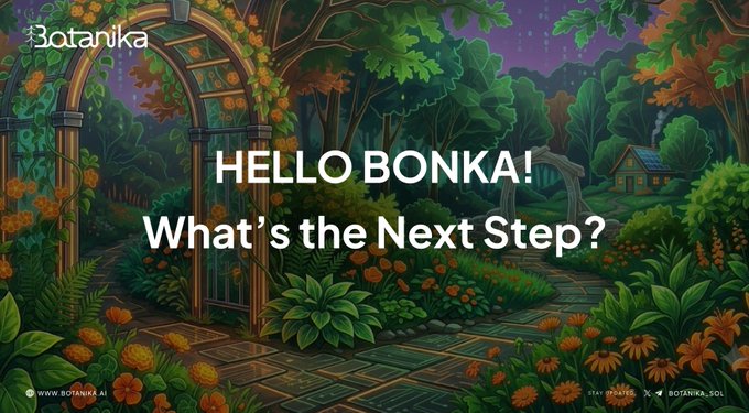 A promotional banner for Botanika with the text 'HELLO BONKA! What's the Next Step?' set in a stylized garden illustration, attributed to Botanika AI, Stay Updated, and Botanika Sol.