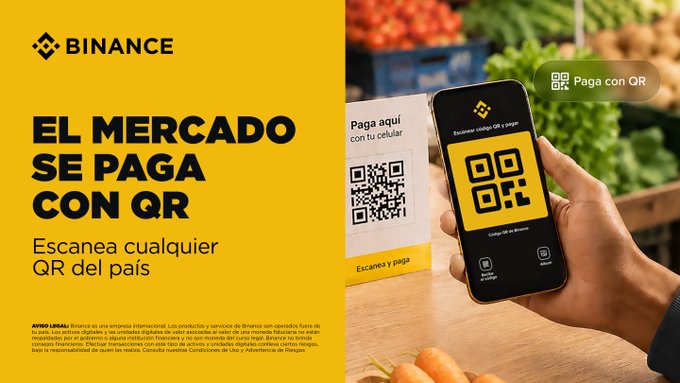 A Binance cryptocurrency advertisement in Spanish titled 'EL MERCADO SE PAGA CON QR' promoting QR code payments, showing a hand scanning a QR code with a phone next to fresh produce.