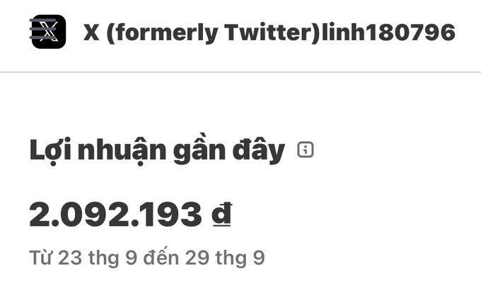 A screenshot showing X (formerly Twitter) earnings for user 'linh180796' displaying 'Lợi nhuận gần đây' (Recent earnings) of 2.092.193 đ from September 23 to 29.