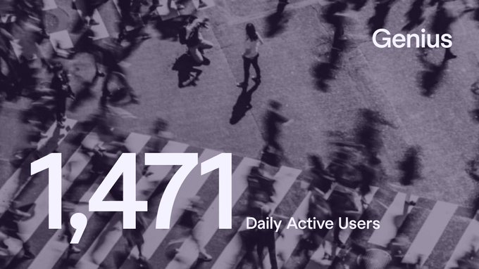 An overhead view shows a crowd of people crossing a street, with the central figure standing still as others rush past, overlaid with the "Genius" logo and the text "1,471 Daily Active Users" to highlight the platform's strong first-day user growth.