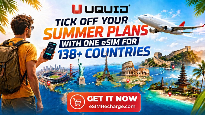 The image features a man holding a cell phone, possibly taking a picture of an advertisement for Uquid. The advertisement displays various images of airplanes flying over different countries, along with text promoting summer plans and travel. The main focus of the image is on the airplane in the background, which suggests that the advertisement is related to air travel or vacation planning.