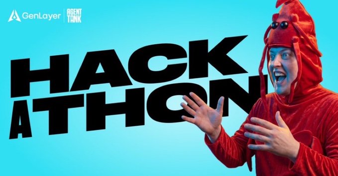 The image promotes a GenLayer "Agent Tank" hackathon, featuring bold black "HACKATHON" text on a bright cyan background alongside a person wearing an oversized red lobster costume with an exaggerated surprised expression, visually capturing the energetic and unconventional spirit of the 14-day agentic economy build challenge.
