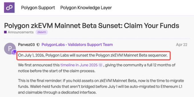 The image shows a screenshot of a message posted on a social media platform, presumably Facebook. The message discusses Polygon zkEVM mainnet beta sunset and its implication for users. The caption highlights that funds locked into DeFi protocols cannot be auto-migrated due to the upcoming mainnet beta sunset. Users are advised to remove their assets from Polygon zkEVM before the sunset, or they might lose everything in the process. This message appears to be shared by Polygon Support, with an image of a white background and purple text providing more information about the upcoming events related to the mainnet beta sunset on July 1st.
