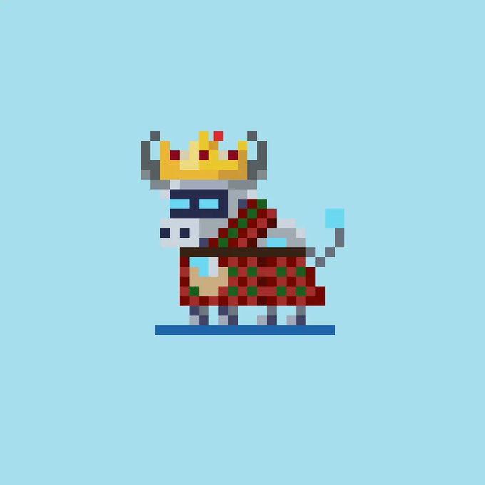 A pixel art illustration of a crowned, horned cow character wearing a red and green plaid garment against a light blue background.