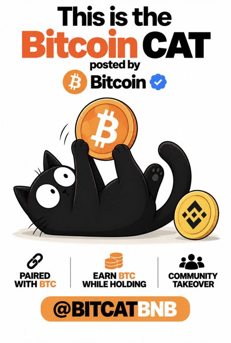 A promotional graphic for 'Bitcoin CAT' featuring a black cartoon cat playing with a Bitcoin coin, with text reading 'posted by Bitcoin' and '@BITCATBNB', noting it is 'PAIRED WITH BTC', 'EARN BTC WHILE HOLDING', and 'COMMUNITY TAKEOVER'.