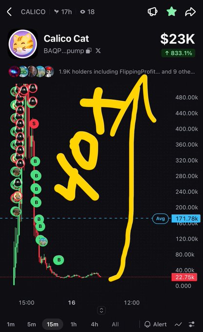 A chart of $CALICO (Calico Cat) on a 15m timeframe shows the token's price action on a decentralized exchange, with a market cap near $23K (+833.1%) and 1.9K holders, while yellow handwritten text reading "HOT" is overlaid next to a drawn arrow pointing toward a potential breakout above $40K from the average level of 171.78K, matching the poster's call to hold above $22K for a higher move.