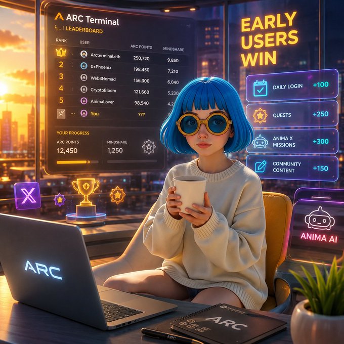 The image features an animated girl sitting at her laptop, wearing glasses and holding a cup of coffee while looking at the screen. The background shows a city skyline with buildings illuminated by neon lights. There are also several other people visible in the scene, some of whom appear to be using laptops as well. A caption below the image reads "Good afternoon everyone can we talk about the ARC Terminal leaderboard for a second because I think a lot of people are sleeping on why being early here actually matters the airdrop allocation is tied to yourARC Points and Mindshare score".