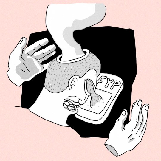 The image features an illustration of a person's head with their face pressed against a phone screen, suggesting that they are using the phone as a makeshift earpiece or listening device. The background of the image is black, which contrasts with the white elements in the illustration and makes them stand out more prominently. The post includes text about a limited edition Tezos exhibition at @objktcom, indicating that this artwork might be part of an exclusive collection or event related to digital art and technology.