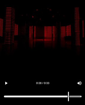 A video player interface shows a dark scene with red-lit buildings, at 0:28 of a 0:33 video.