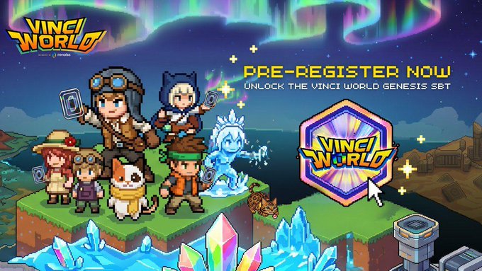 The image features a poster advertising a video game called Vinci World. The poster showcases a group of people standing together against a backdrop of stars and a blue sky with a northern lights display. The text on the poster reads "Vinci World" and "Pre-Register Now", indicating that the game is available for download, and it's time to sign up for the new generation of collectors' waitlist.