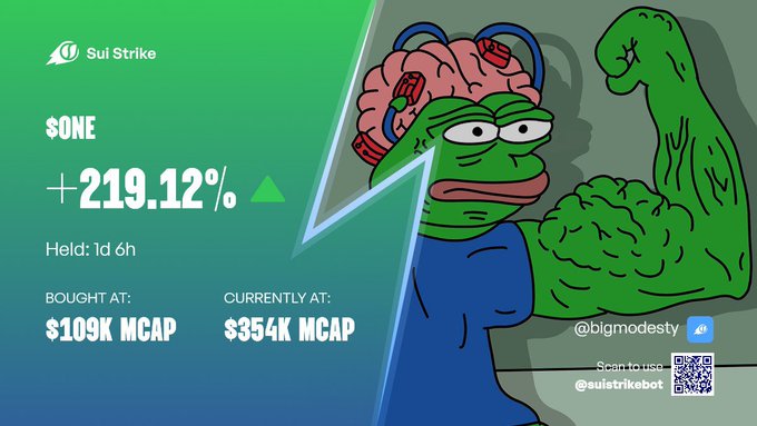A crypto trading graphic featuring a Pepe the Frog character with an exposed brain and muscular arm, showing '$ONE' token with a +219.12% gain, bought at $109K MCAP and currently at $354K MCAP, branded 'Sui Strike'.