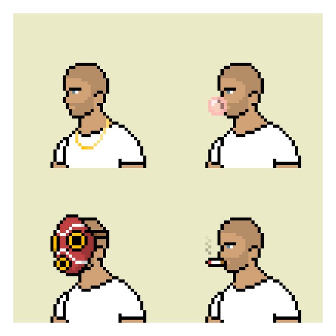 A pixel art sprite sheet shows four variations of a bearded character wearing a white t-shirt and gold chain, depicting him with a bubblegum bubble, a red mech helmet, and smoking a cigarette.