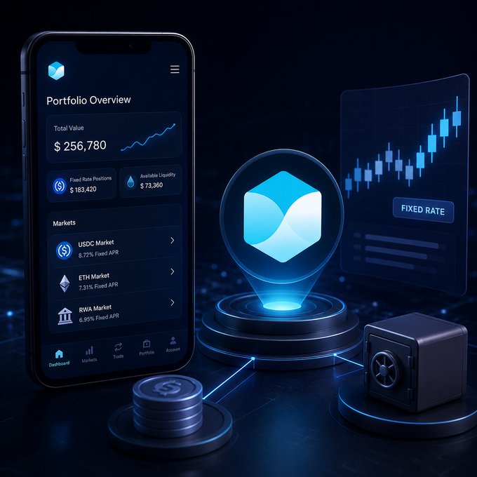 A digital illustration shows a smartphone displaying a "Portfolio Overview" with a total value of $256,780 next to a glowing blue cryptocurrency logo and a candlestick chart labeled "FIXED RATE".
