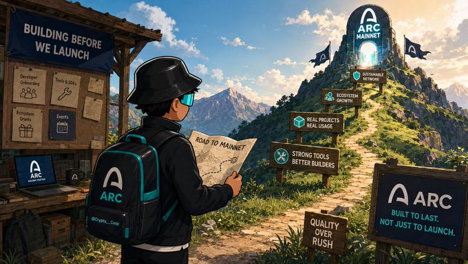 A digital illustration promoting 'ARC MAINNET' featuring a figure with a backpack reading a 'ROAD TO MAINNET' map, surrounded by signs stating 'BUILDING BEFORE WE LAUNCH', 'REAL PROJECTS REAL USAGE', 'STRONG TOOLS BETTER BUILDERS', 'QUALITY OVER RUSH', and 'BUILT TO LAST, NOT JUST TO LAUNCH'.