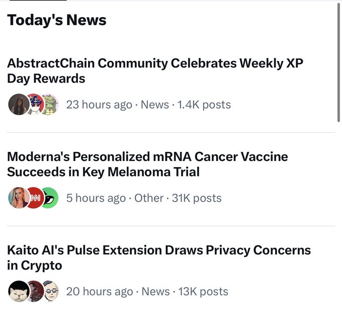 A news feed titled 'Today's News' features headlines including 'AbstractChain Community Celebrates Weekly XP Day Rewards', 'Moderna's Personalized mRNA Cancer Vaccine Succeeds in Key Melanoma Trial', and 'Kaito AI's Pulse Extension Draws Privacy Concerns in Crypto'.