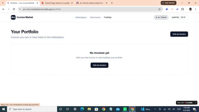 A screenshot of the 'Arc Invoice Market' website showing an empty 'Your Portfolio' page with the message 'No invoices yet' and a 'Sell an invoice' button.