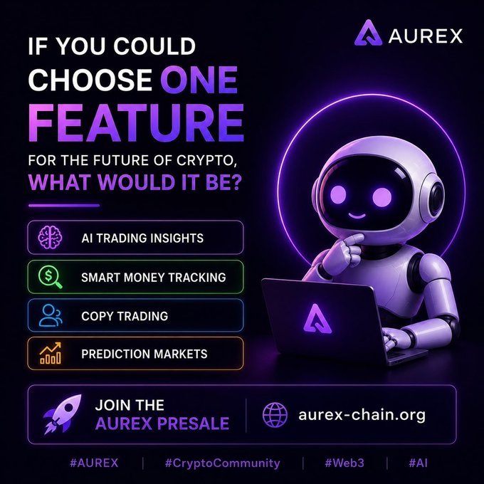 The image features an animated robot sitting at a laptop, with text overlaying the scene that reads "If you could choose ONE feature for the future of crypto, what would it be? AI Trading Insights Smart Money Tracking Copy Trading Prediction Markets Tell us your pick and why". The robot is smiling as if it's making a decision. The post also includes a link to join the AUREX Presale event on Web3, which seems to be related to the image content.