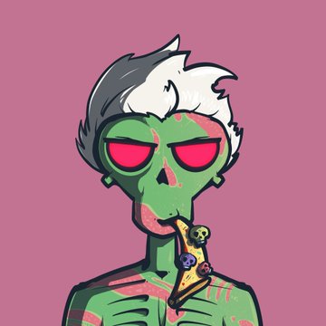 A digital illustration of a green-skinned zombie with white and black hair, featuring pink glowing eyes and a skull-like face, eating a slice of pizza with pepperoni against a solid pink background.