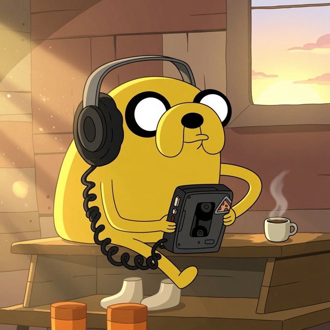 Jake the Dog from Adventure Time listens to music on a cassette player while enjoying a hot drink at sunrise. This imagery complements the "gm frens (get money) happy thursday" post by evoking a relaxed, positive start to the day, much like how one might prepare for or celebrate achieving their goals.