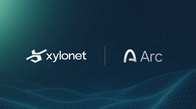 The image features the "xylonet" and "Arc" logos side by side on a dark blue, starry background with flowing wave-like lines, visually representing the partnership mentioned in the post about Xylonet's stablecoin-first experience on Arc.