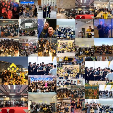A dense photo collage featuring dozens of group photos of people, likely attendees or graduates of some event or course, gathered in various indoor and outdoor locations.