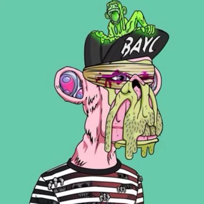 A cartoon-style NFT illustration of a grotesque character wearing a 'BAYC' cap with a small green monkey on top, with melting facial features and an earring.