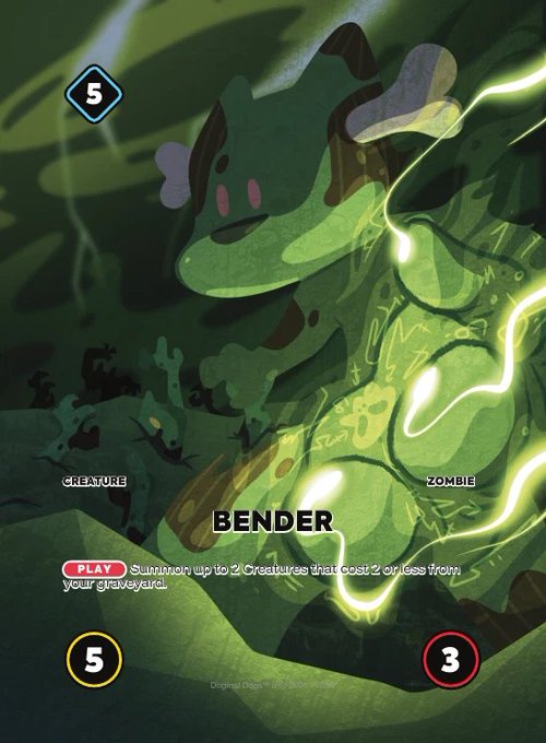A digital trading card featuring a green creature called 'BENDER' with stats 5 (yellow), 5 (yellow), and 3 (red); it has type 'CREATURE' and 'ZOMBIE' with an ability reading 'PLAY: Summon up to 2 Creatures that cost 2 or less from your graveyard.'