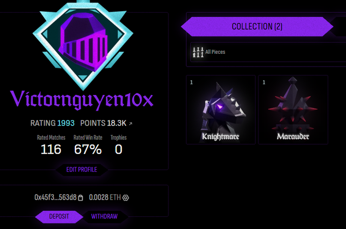 The image shows a player profile for "Victornguyen10x" on PixieChess, featuring a rating of 1993, 18.3K points, 116 rated matches with a 67% win rate, and two collected pieces (Knightmate and Marauder), aligning with the post's claim of climbing to Diamond 1 rank through 116 matches and earning over 18k points.