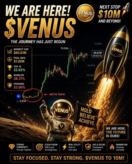 A promotional '$VENUS' cryptocurrency meme features an astronaut with a 'HOLD BELIEVE ACHIEVE' flag, displaying market cap of $60.61M and a price chart pointing toward a $10M target.