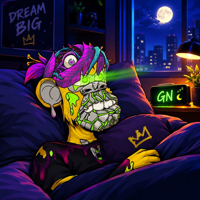 A vibrant, surreal digital illustration of a melting yellow character with a large brain, metal jaw, and feathered headdress lounging in a bed at night under a moonlit cityscape, with a 'DREAM BIG' poster and a 'GN' neon clock visible.