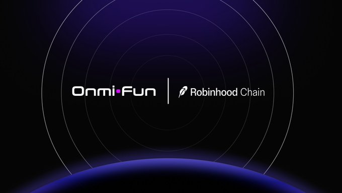 A dark promotional graphic featuring the white text 'Onmi·Fun' on the left and the 'Robinhood Chain' logo with its feather icon on the right, separated by a vertical divider, set against a background with concentric circles and a glowing purple sphere.