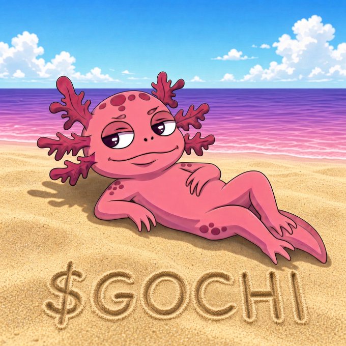 An illustration of a pink axolotl lounging on a sandy beach with the ocean and sky in the background, and '$GOCHI' written in the sand below.