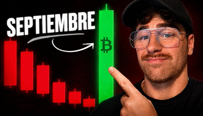 A YouTube thumbnail showing a man pointing at a Bitcoin candlestick chart with the Spanish word 'SEPTIEMBRE' and an arrow indicating a price prediction.