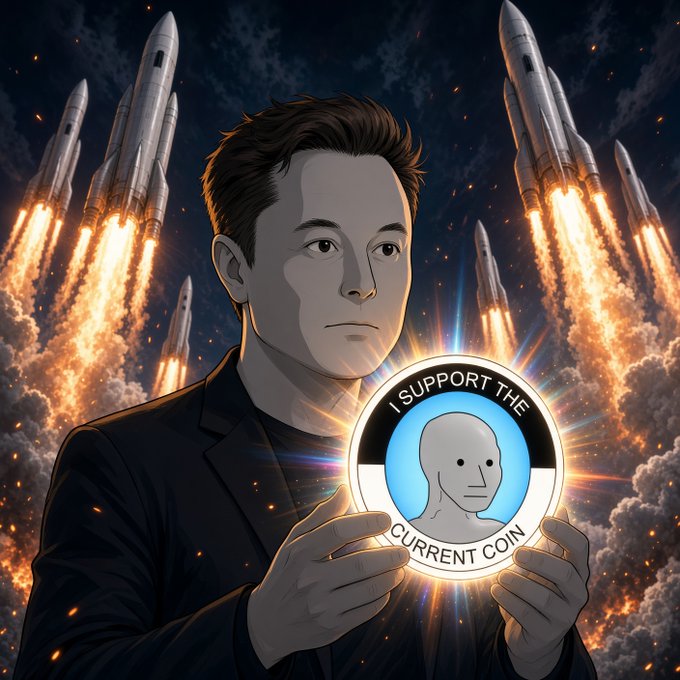 A digital illustration of Elon Musk holding a glowing circular badge that reads 'I SUPPORT THE CURRENT COIN' with rockets launching in the background.