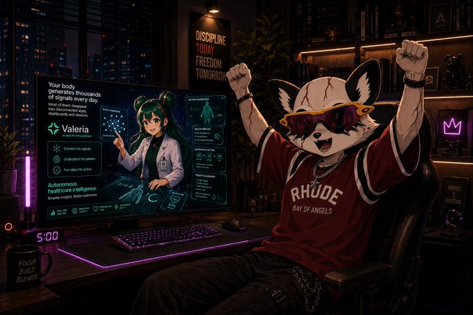 A masked anthropomorphic fox character wearing a "RHUDE BAY OF ANGELS" jersey and gold chain cheers triumphantly at a glowing gaming setup displaying the Valeria health intelligence dashboard, with text reading "DISCIPLINE TODAY FREEDOM TOMORROW" on the wall behind. The image visually celebrates the post's enthusiasm for @Buildvaleria's autonomous health intelligence platform bridging AI, healthcare, and Web3.