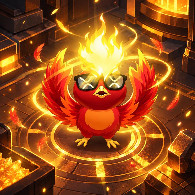 A fierce, fiery phoenix chick wearing sunglasses stands triumphantly at the center of glowing magical runes, its flames illuminating a treasure-filled chamber—perfectly embodying the rising spirit of $PHNIX as its vision takes form.