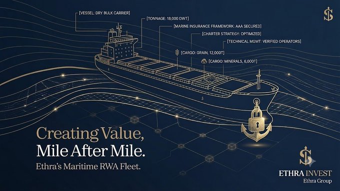 An infographic-style advertisement for 'ETHRA INVEST' titled 'Creating Value, Mile After Mile,' showing a blueprint-style dry bulk carrier with labels for cargo grain and minerals.