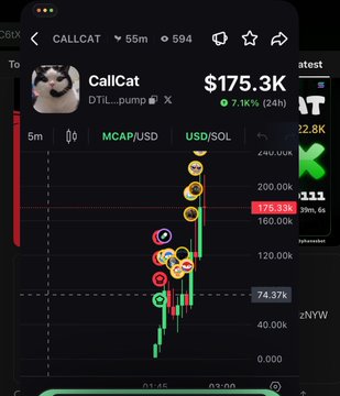 A mobile trading app displays the $CALLCAT token (DTIL__pump) on a candlestick chart with a market cap of $175.3K, showing a 7.1K% gain over 24 hours as the price action surges sharply upward with multiple emoji markers highlighting recent peaks.