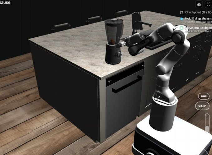 A 3D simulation or game shows a robotic arm on a kitchen counter holding a blender, with on-screen instructions reading 'Hold & drag the arm' and 'Move arm to object' alongside 'GRIP' and 'MOVE' buttons.