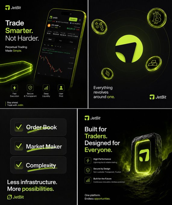 A four-panel promotional graphic for the JetBit crypto trading platform, highlighting features like 'Trade Smarter. Not Harder.', 'Everything revolves around one', 'Less infrastructure. More possibilities.', and 'Built for Traders. Designed for Everyone.'